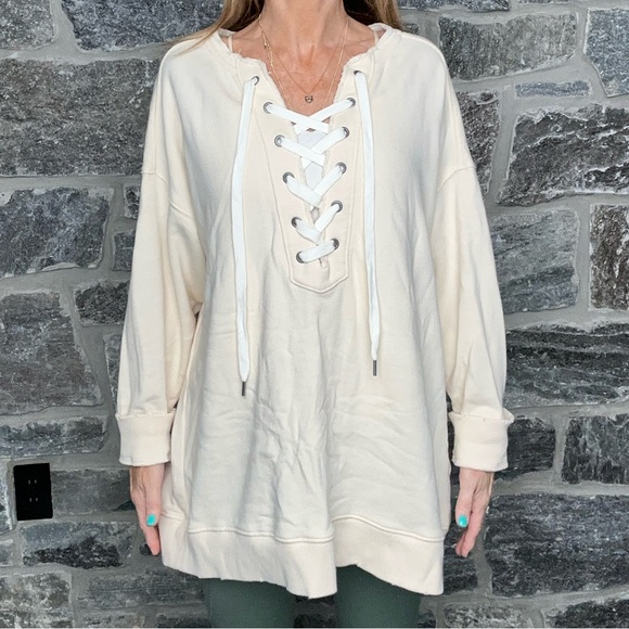 Aerie Oversized Lace Up Crew Sweatshirt in color Cream, size Large - Picture 15 of 15